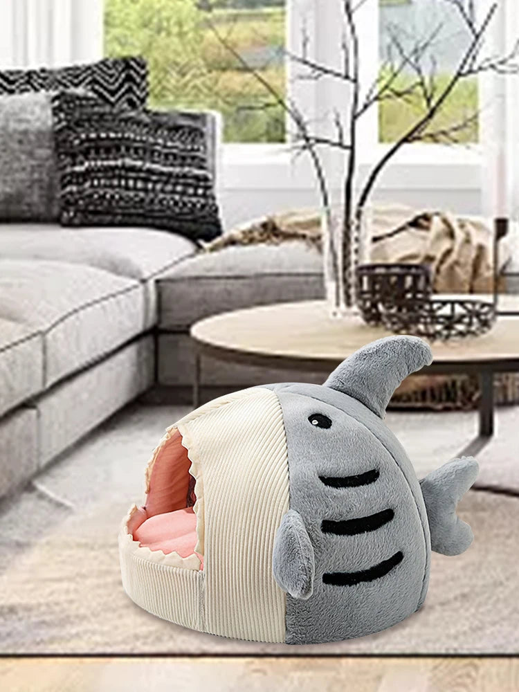 Legowisko dla Kota Rekin - Miękka Pluszowa Budka z Poduszką